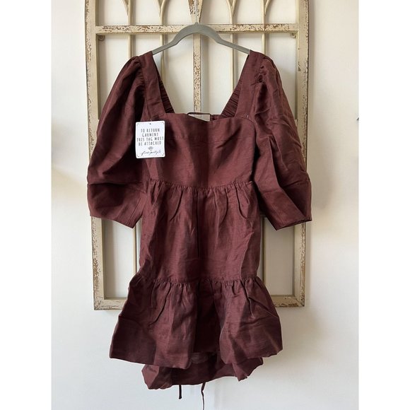 NWT Shona Joy Marlene Linen Open Back Mini Dress in Chocolate - Picture 4 of 9